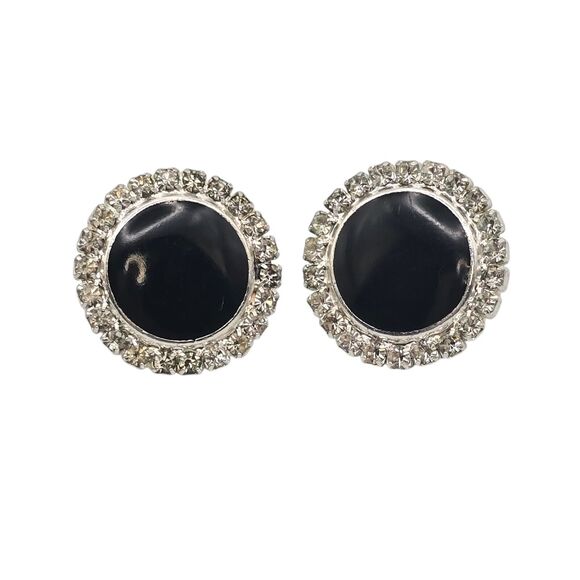 Pierced Earrings Halo Rhinestone Black Enamel Acrylic Silver Tone Lightweight - Picture 5 of 6
